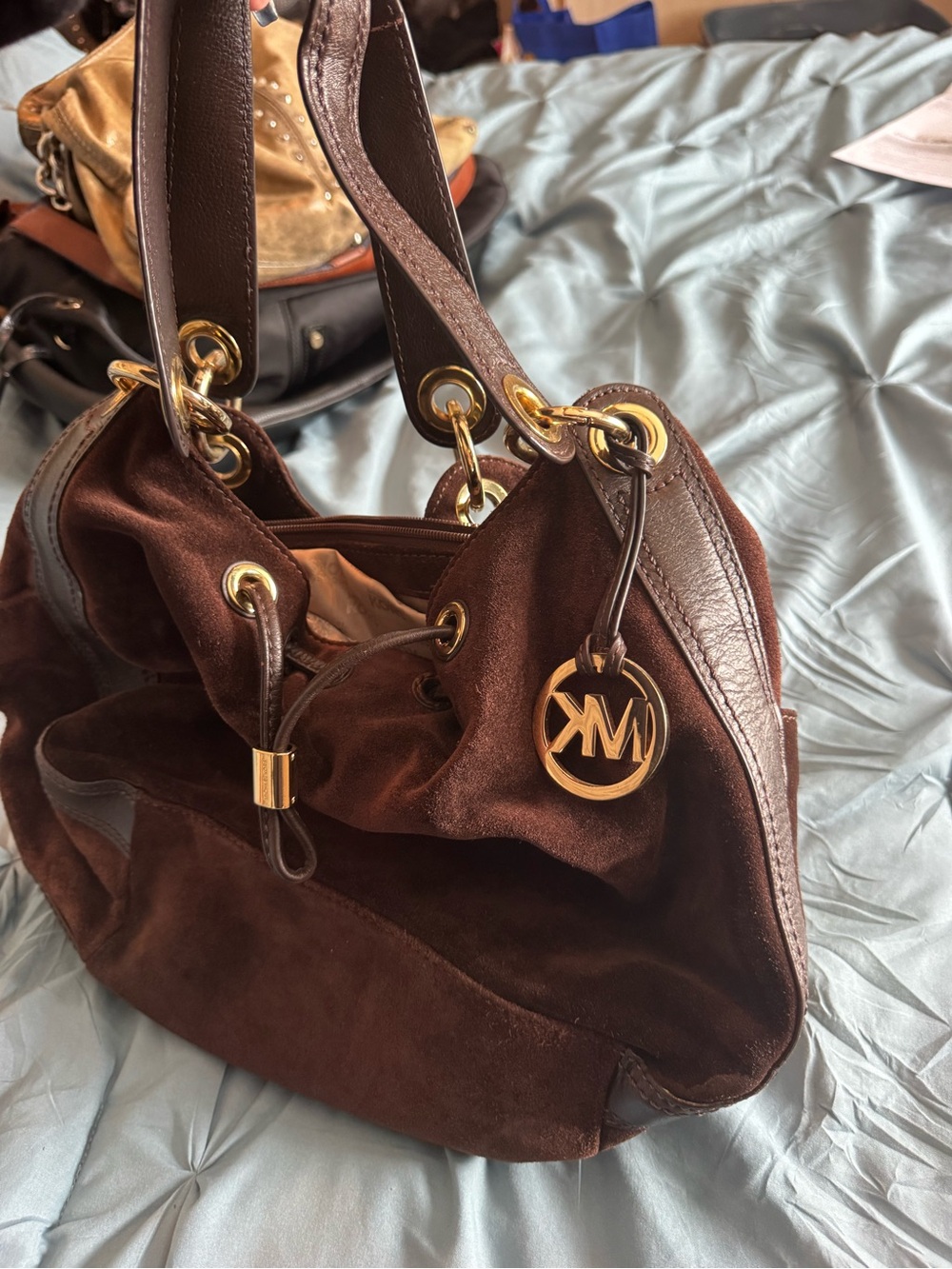 Michael Kors Dark Brown Suede & Leather Shoulder Bag with Gold Hardware
